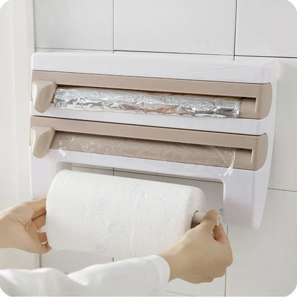4-in-1 Wall-Mount Kitchen Organizer Paper Towel & Film Cutter Holder - Beige