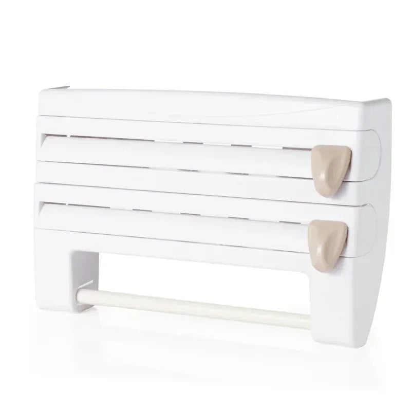 4-in-1 Wall-Mount Kitchen Organizer Paper Towel & Film Cutter Holder - White