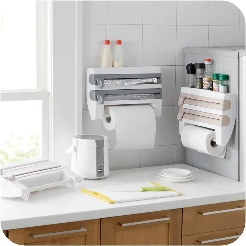4-in-1 Wall-Mount Kitchen Organizer Paper Towel & Film Cutter Holder - Beige