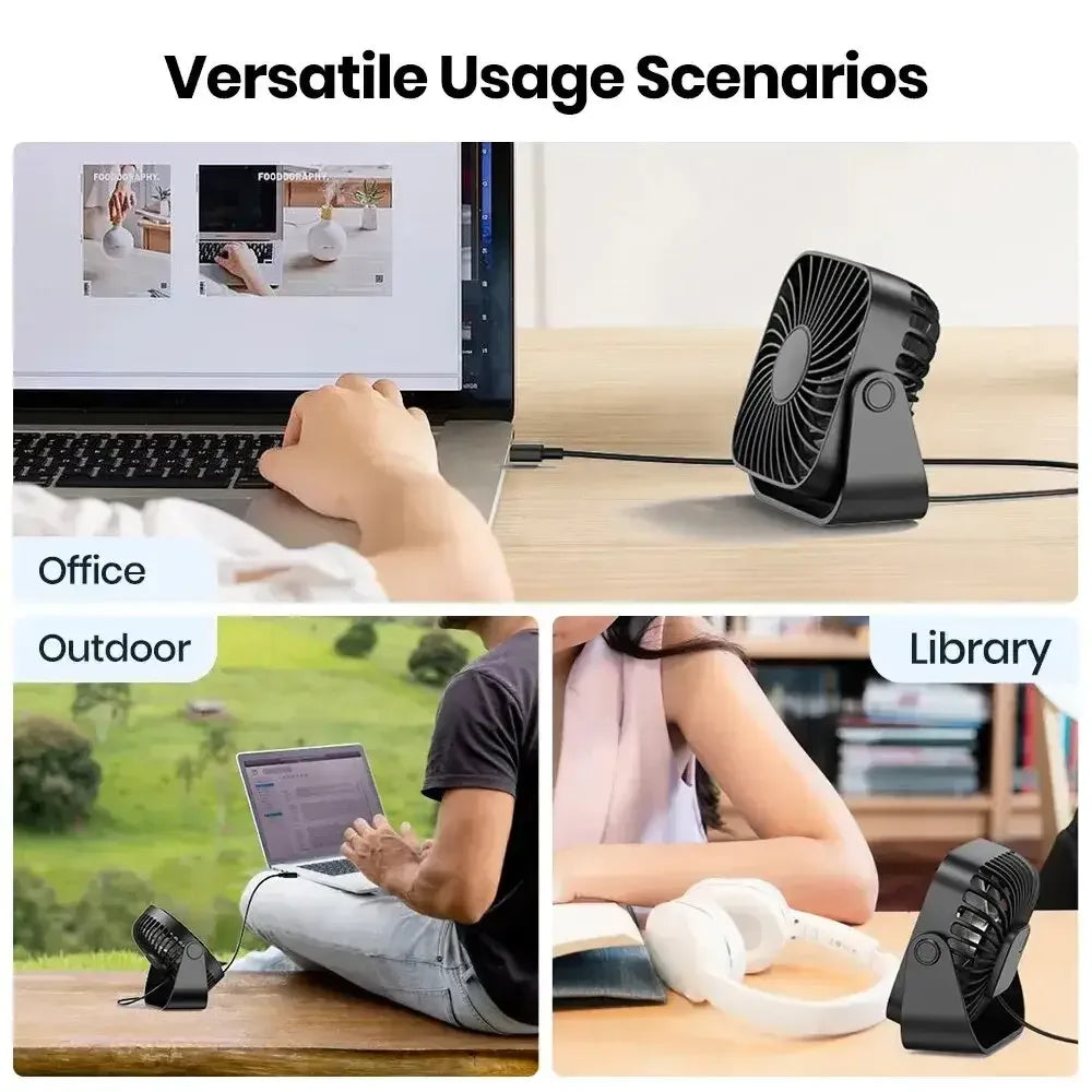 4-Inch USB Mini Portable Fan – 3 Speed Quiet Desk Table Fan with 360° Adjustable Stand for Camping, Home, and Office - Black