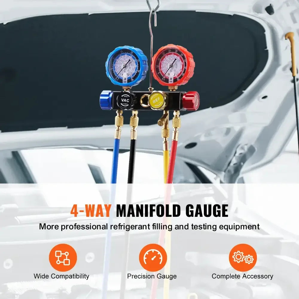4-Way AC Manifold Gauge Set with 5ft Hoses for R134A R22 R12 R410A – Car Auto HVAC Freon Charging Kit - 