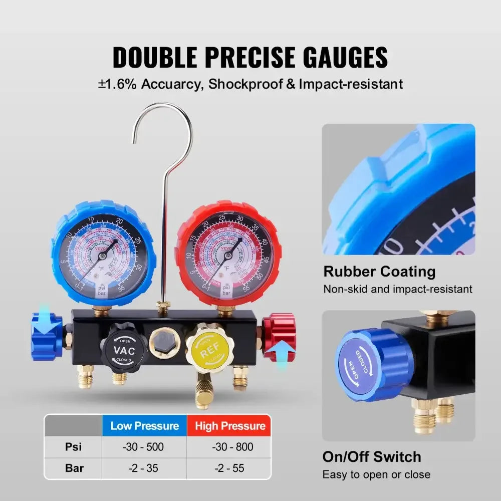 4-Way AC Manifold Gauge Set with 5ft Hoses for R134A R22 R12 R410A – Car Auto HVAC Freon Charging Kit - 