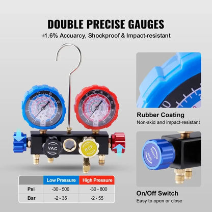 4-Way AC Manifold Gauge Set with 5ft Hoses for R134A R22 R12 R410A – Car Auto HVAC Freon Charging Kit - 