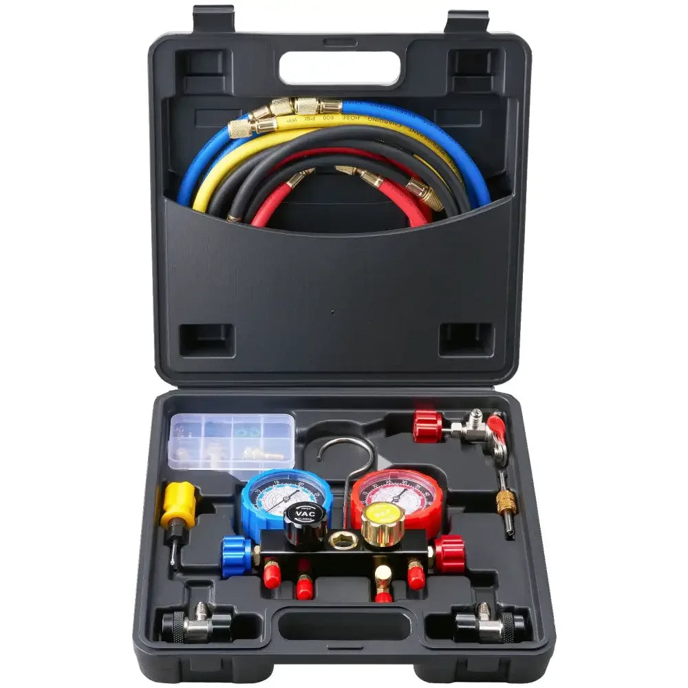 4-Way AC Manifold Gauge Set with 5ft Hoses for R134A R22 R12 R410A – Car Auto HVAC Freon Charging Kit - 