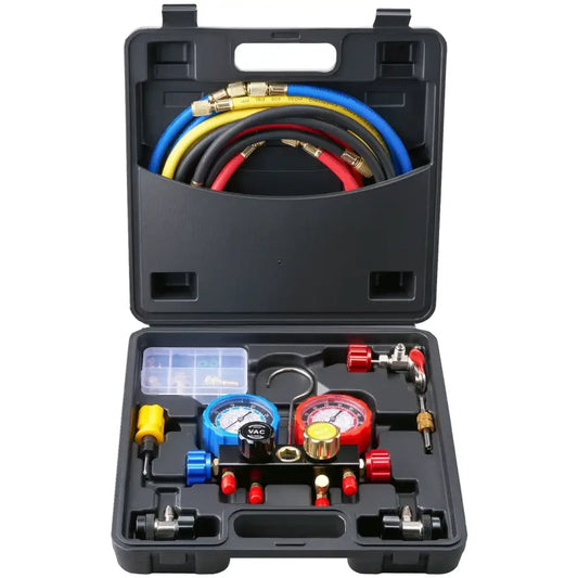 4-Way AC Manifold Gauge Set with 5ft Hoses for R134A R22 R12 R410A – Car Auto HVAC Freon Charging Kit - 