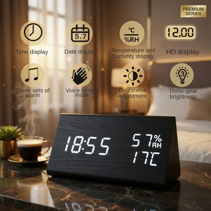 Wooden LED Digital Alarm Clock with Temperature, Humidity & Voice Control