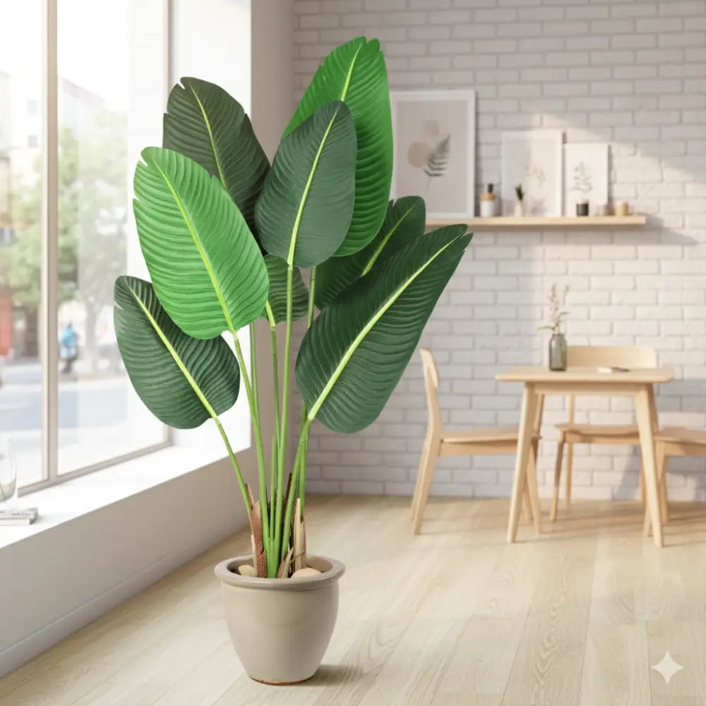 4Ft Artificial Bird of Paradise Plant | Fake Tropical Palm Tree w/ 8 Trunks & Banana Leaves