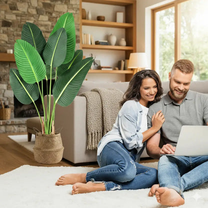 4Ft Artificial Bird of Paradise Plant | Fake Tropical Palm Tree w/ 8 Trunks & Banana Leaves