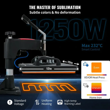 5-in-1 Professional Clamshell Heat Press Machine | 12"x15" Digital Sublimation Printer for T-Shirts, Mugs, & Hats - 