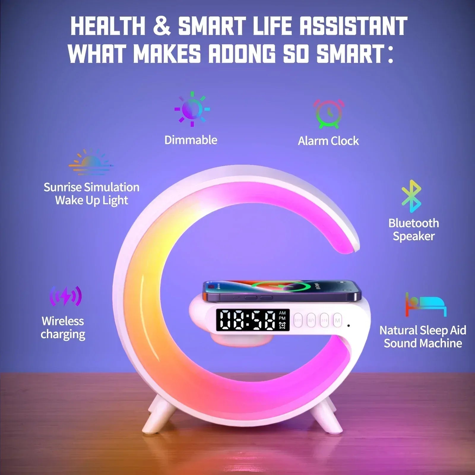 6-in-1 Mini RGB Wireless Charger Bluetooth Speaker & Alarm Clock Station - White / US