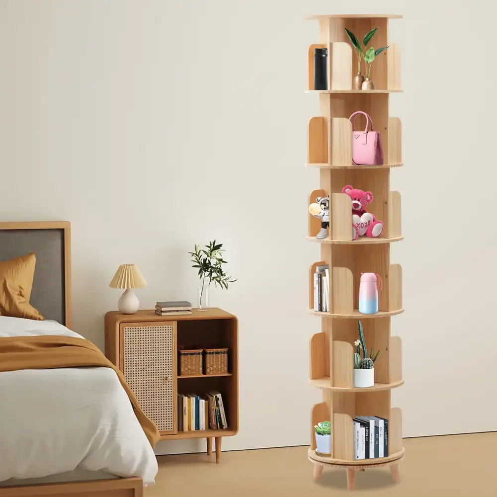 6-Tier Rotating Pine Wood Bookshelf 360° Swivel Bookcase for Kids & Home