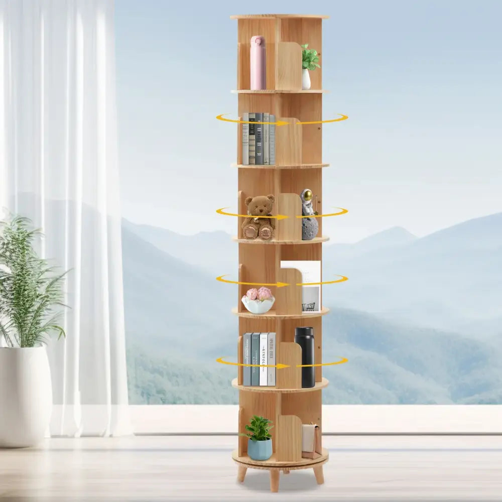 6-Tier Rotating Pine Wood Bookshelf 360° Swivel Bookcase for Kids & Home
