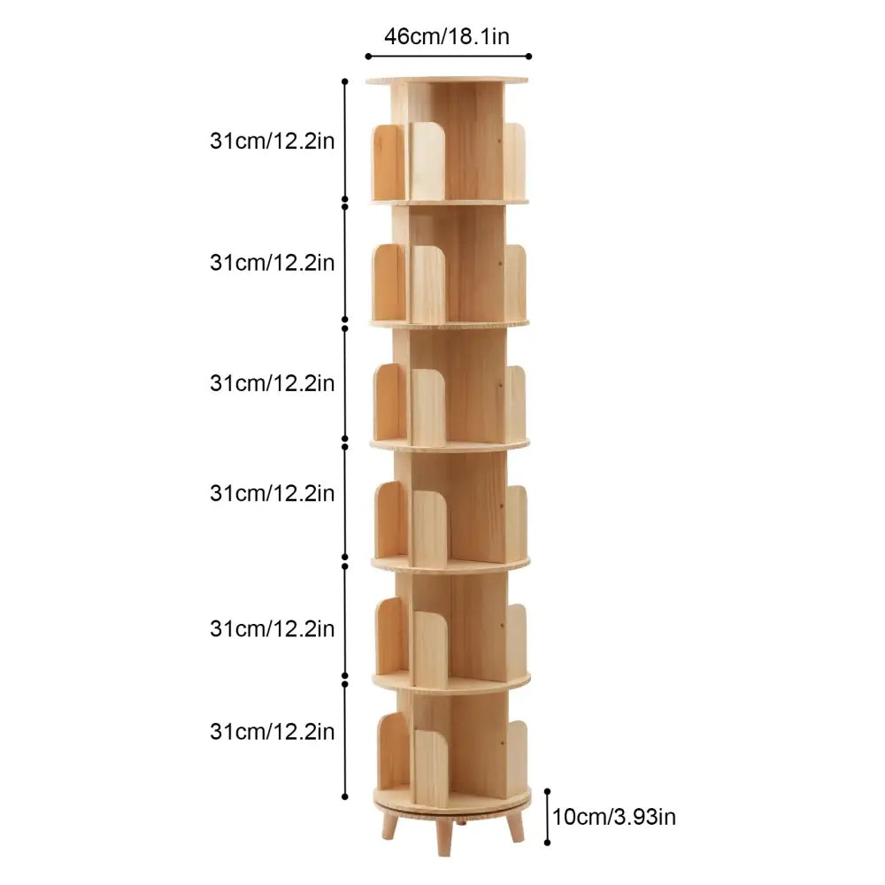 6-Tier Rotating Pine Wood Bookshelf 360° Swivel Bookcase for Kids & Home