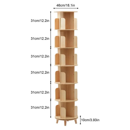 6-Tier Rotating Pine Wood Bookshelf 360° Swivel Bookcase for Kids & Home - 