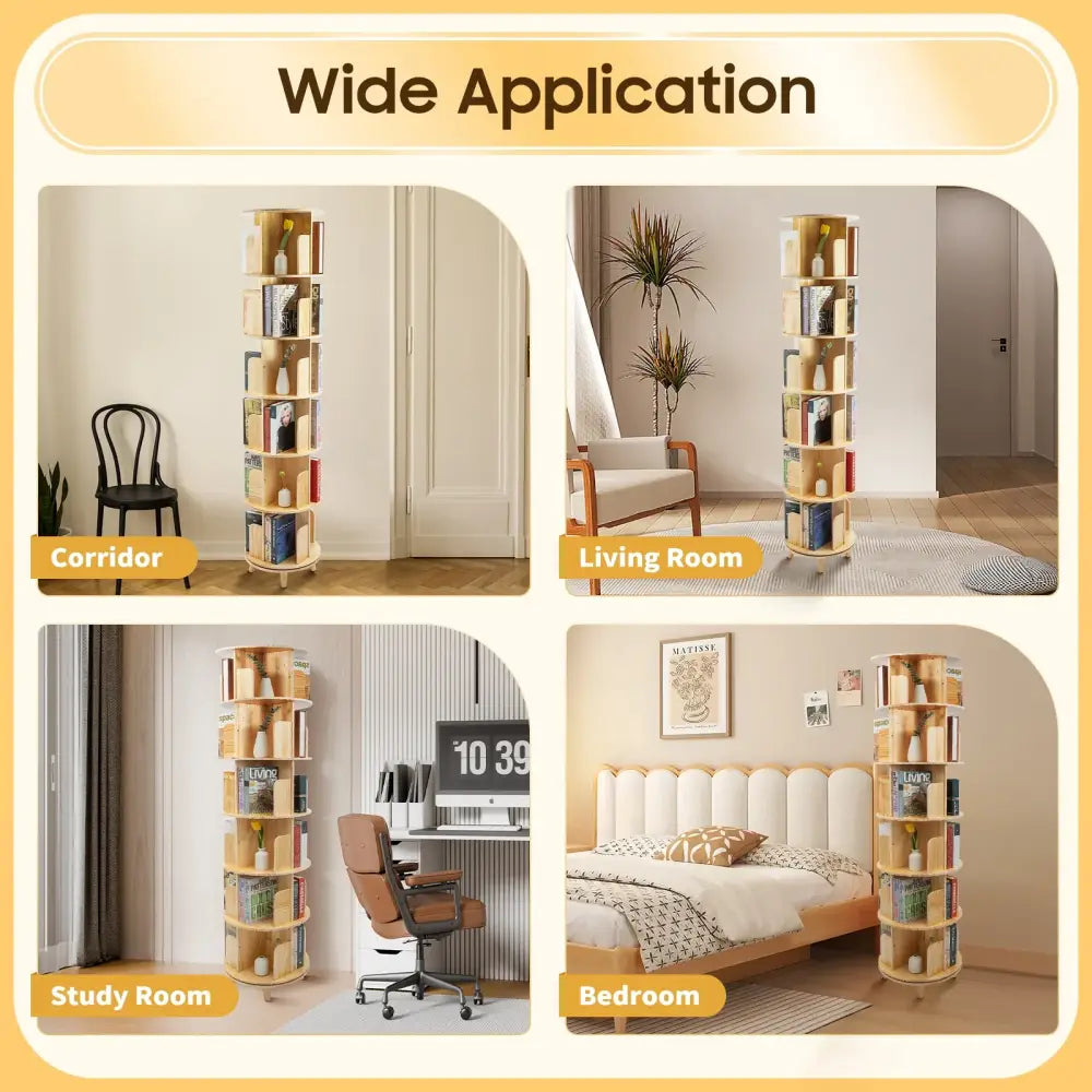 6-Tier Rotating Pine Wood Bookshelf 360° Swivel Bookcase for Kids & Home