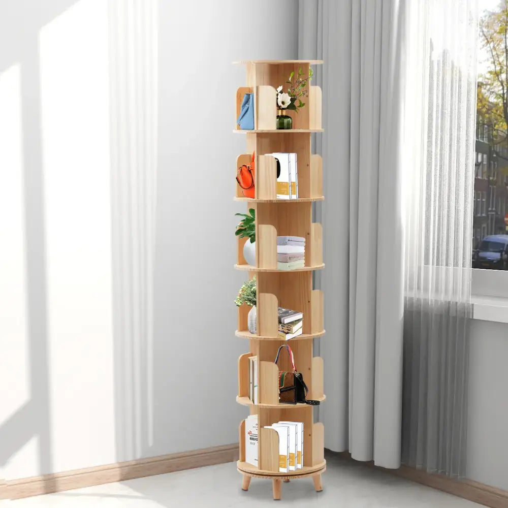 6-Tier Rotating Pine Wood Bookshelf 360° Swivel Bookcase for Kids & Home