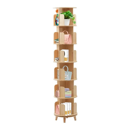6-Tier Rotating Pine Wood Bookshelf 360° Swivel Bookcase for Kids & Home - 