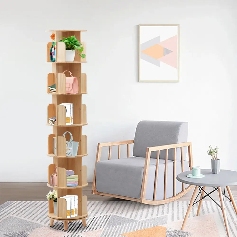 6-Tier Rotating Pine Wood Bookshelf 360° Swivel Bookcase for Kids & Home