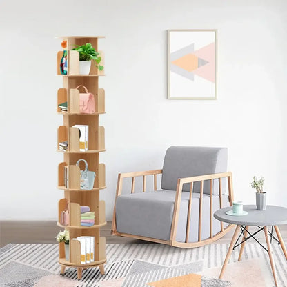 6-Tier Rotating Pine Wood Bookshelf 360° Swivel Bookcase for Kids & Home - 