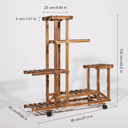 6-Tier Wood Plant Stand with Wheels Vertical Carbonized Flower Pot Holder - 