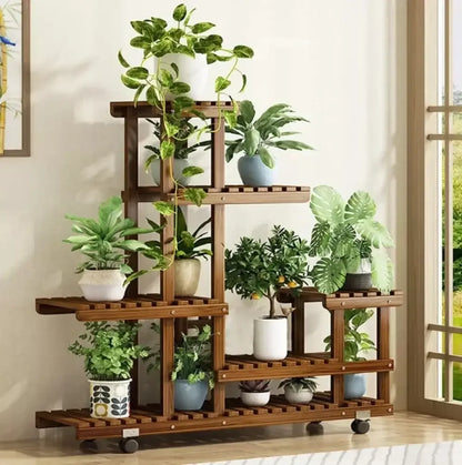 6-Tier Wood Plant Stand with Wheels Vertical Carbonized Flower Pot Holder - 
