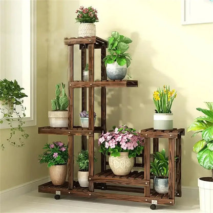 6-Tier Wood Plant Stand with Wheels Vertical Carbonized Flower Pot Holder - 