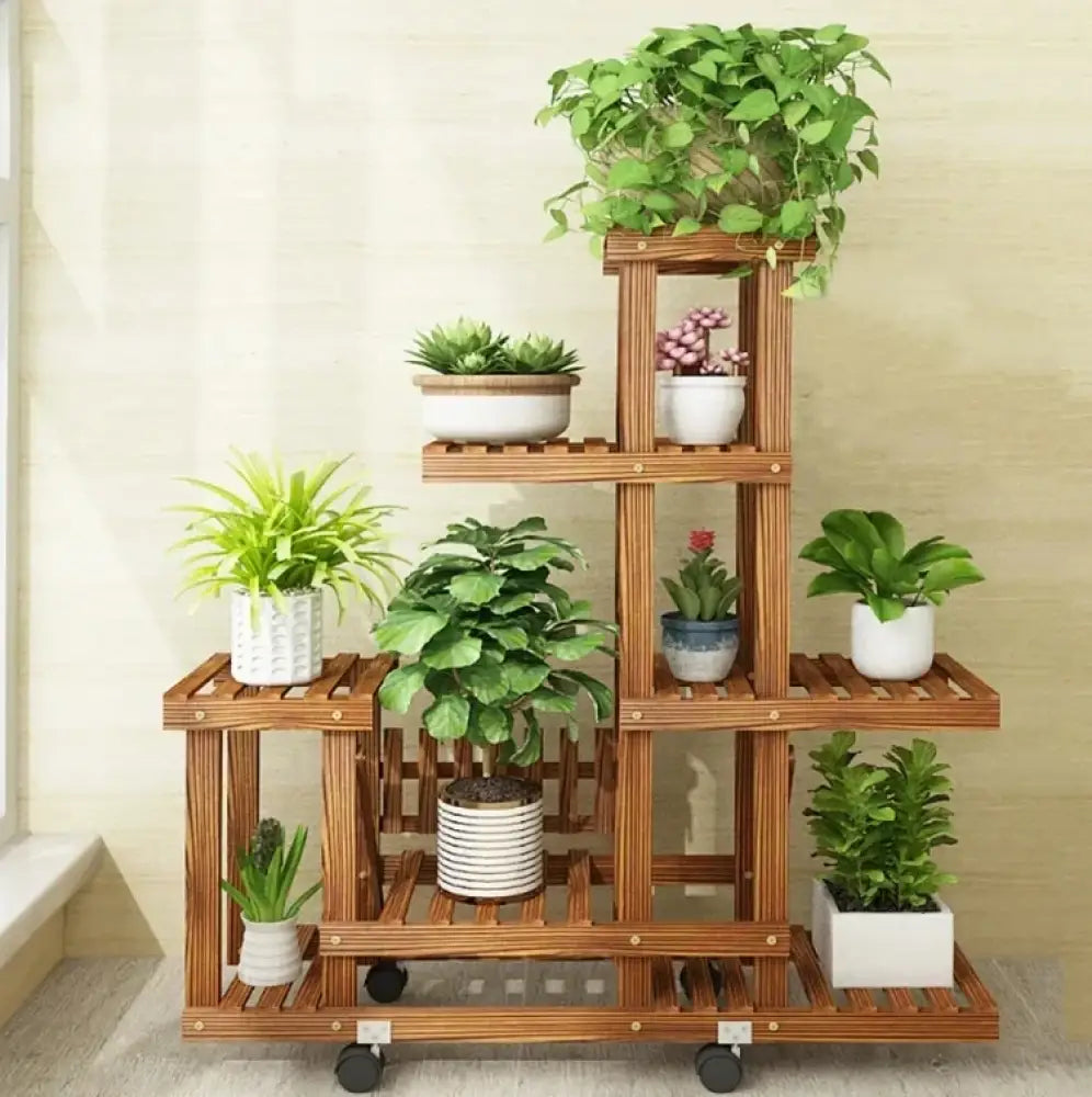 6-Tier Wood Plant Stand with Wheels Vertical Carbonized Flower Pot Holder