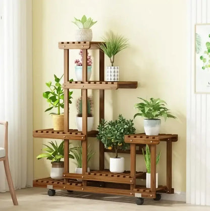 6-Tier Wood Plant Stand with Wheels Vertical Carbonized Flower Pot Holder - 