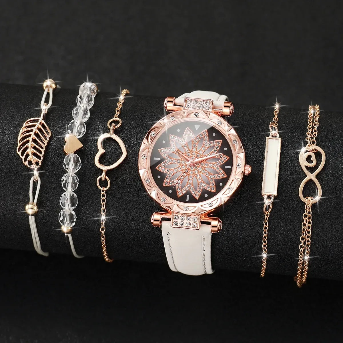 6PCS Heart Dial Women's Watch Set Analog Quartz Watch & Leaf Bracelets - White A
