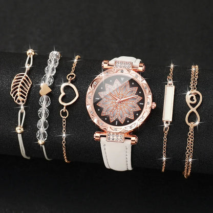 6PCS Heart Dial Women's Watch Set Analog Quartz Watch & Leaf Bracelets - White A