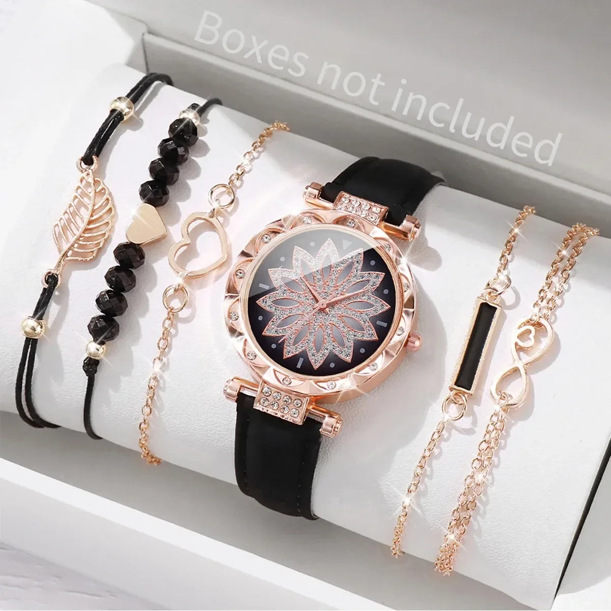 6PCS Heart Dial Women's Watch Set Analog Quartz Watch & Leaf Bracelets - Black A