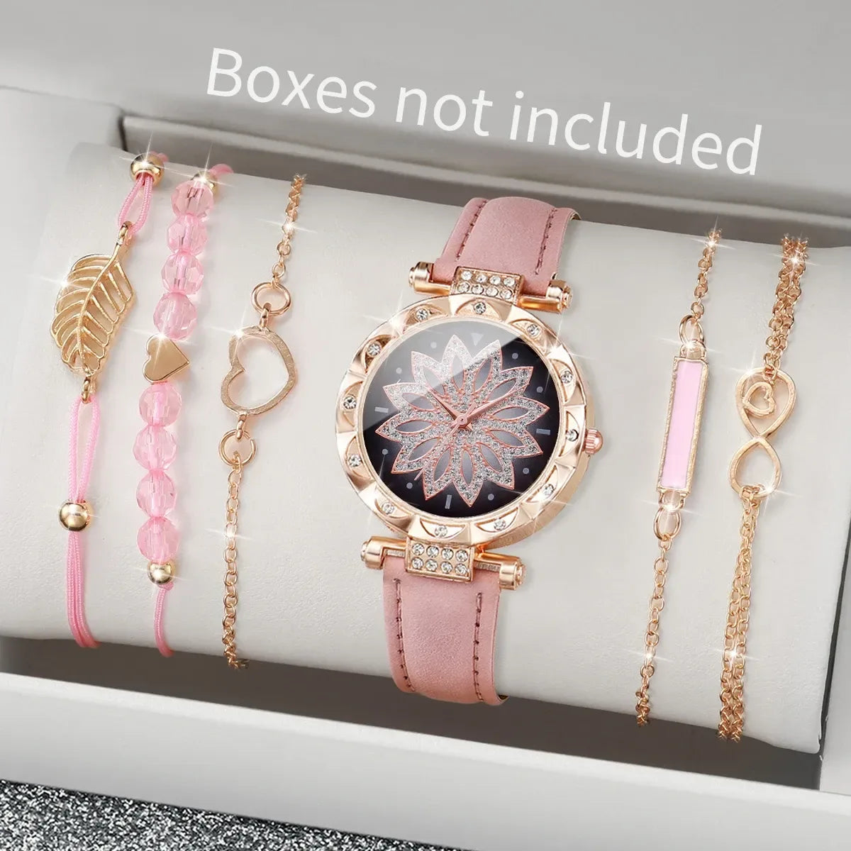 6PCS Heart Dial Women's Watch Set Analog Quartz Watch & Leaf Bracelets - Pink A