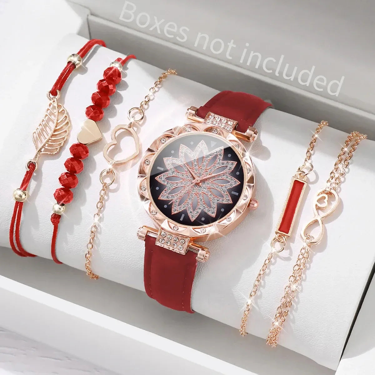 6PCS Heart Dial Women's Watch Set Analog Quartz Watch & Leaf Bracelets - Red A