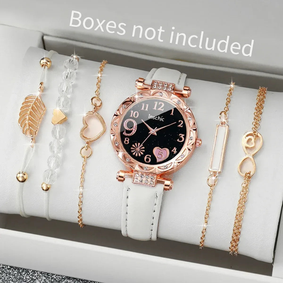 6PCS Heart Dial Women's Watch Set Analog Quartz Watch & Leaf Bracelets - White B
