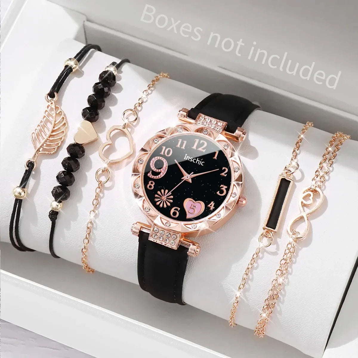 6PCS Heart Dial Women's Watch Set Analog Quartz Watch & Leaf Bracelets - Black B