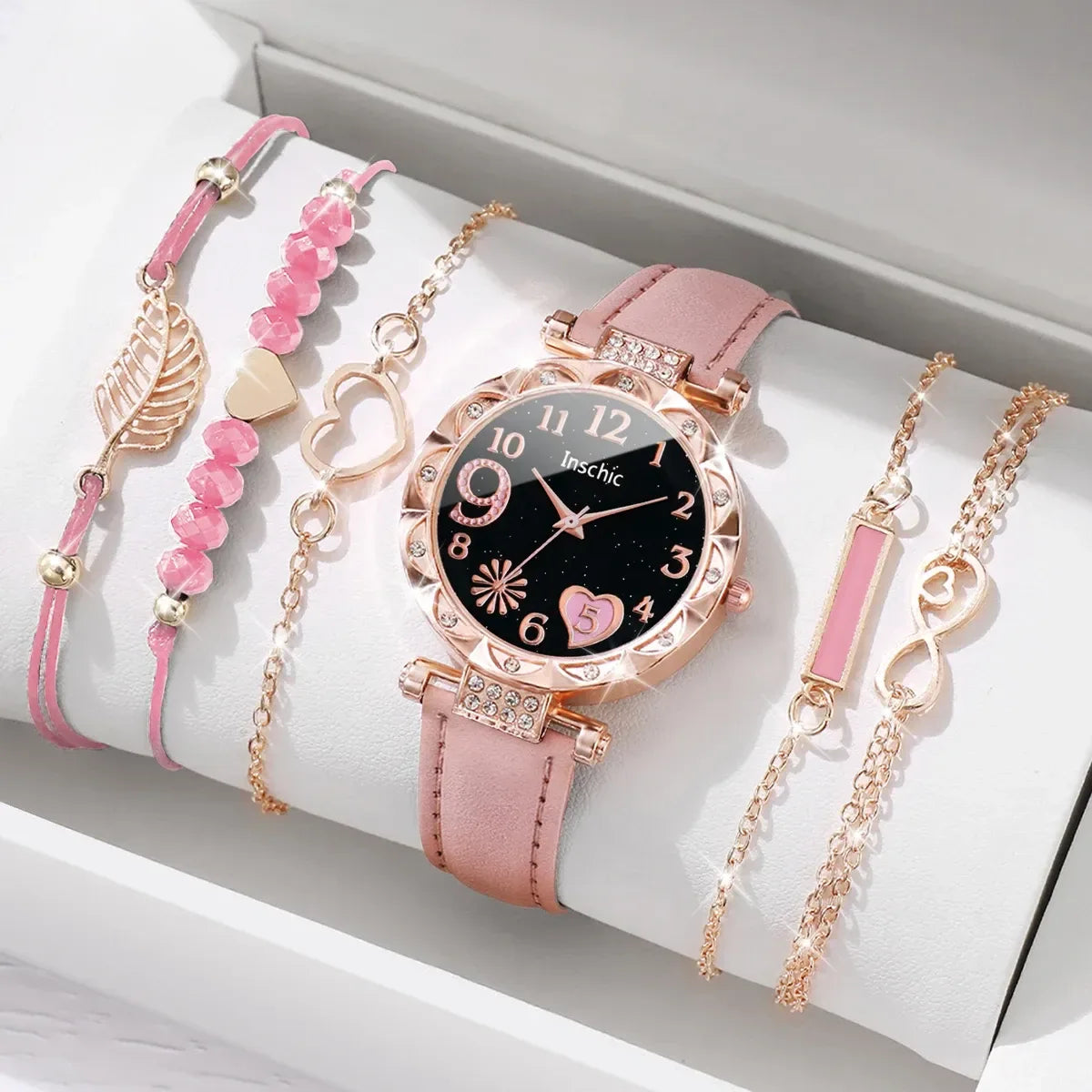 6PCS Heart Dial Women's Watch Set Analog Quartz Watch & Leaf Bracelets - Pink B