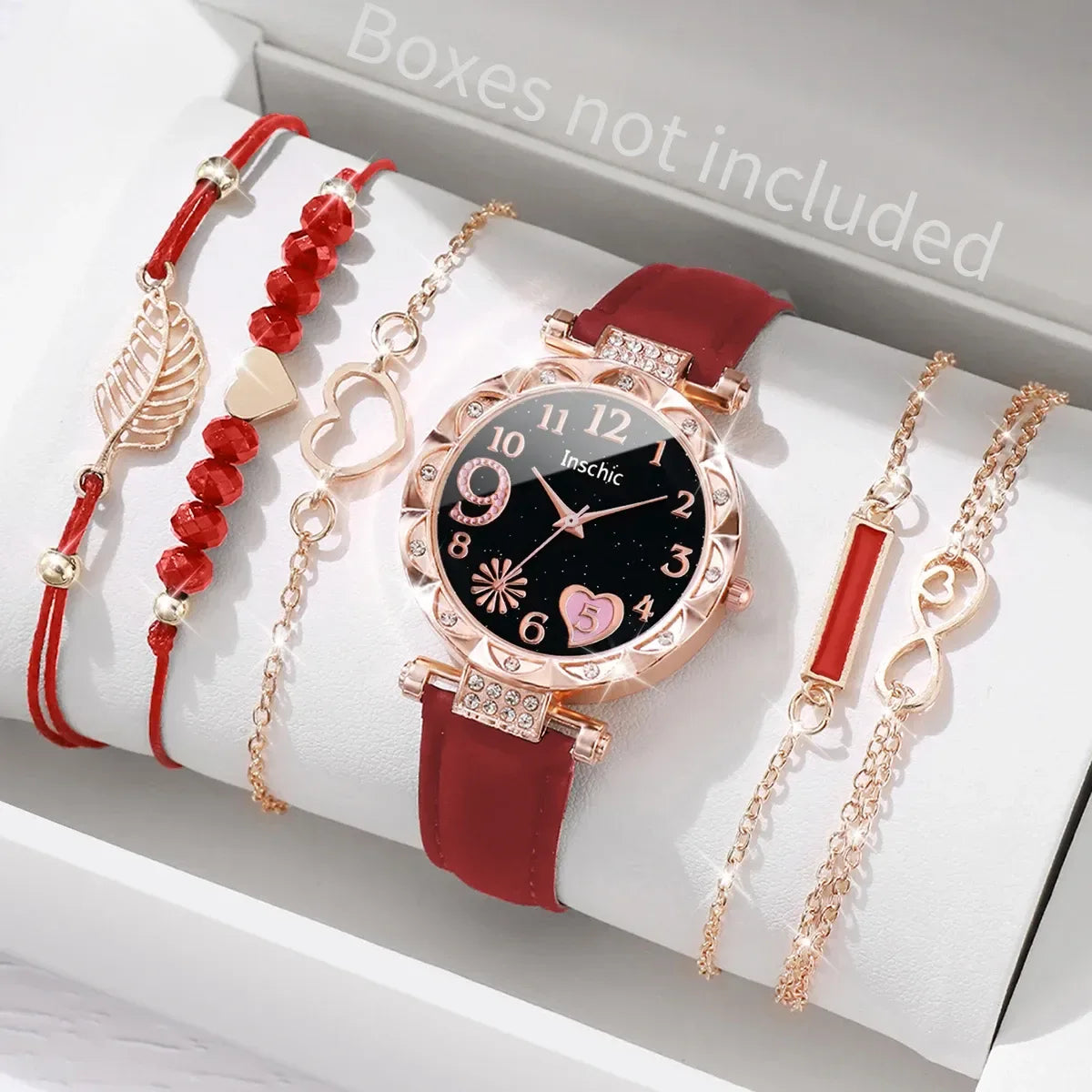 6PCS Heart Dial Women's Watch Set Analog Quartz Watch & Leaf Bracelets - Red B