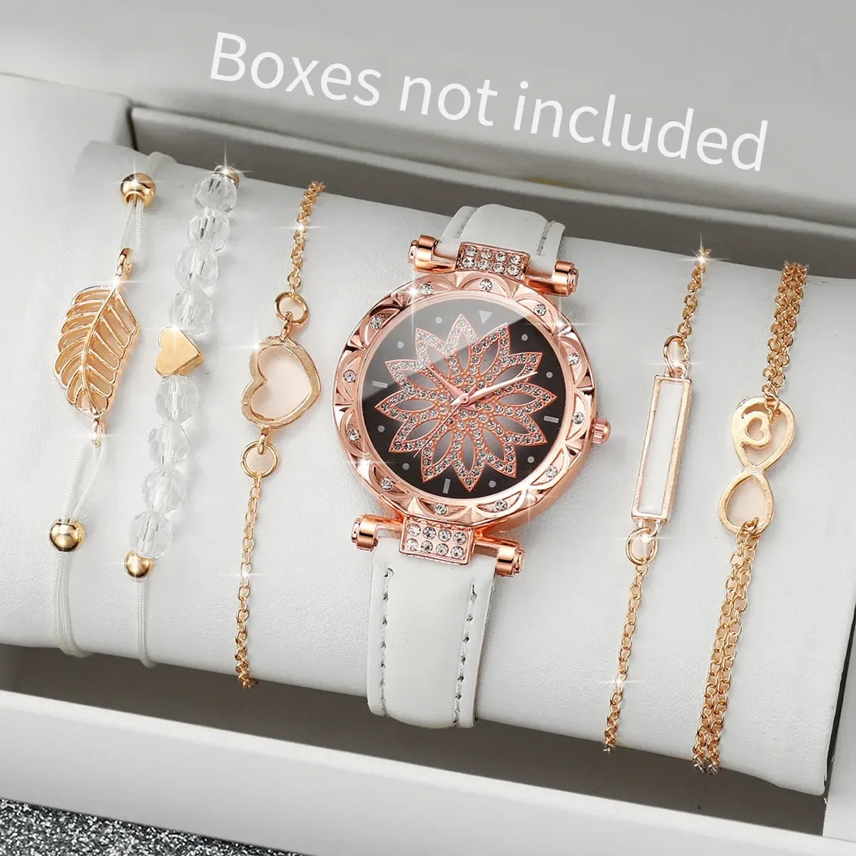 6PCS Heart Dial Women's Watch Set Analog Quartz Watch & Leaf Bracelets - White A