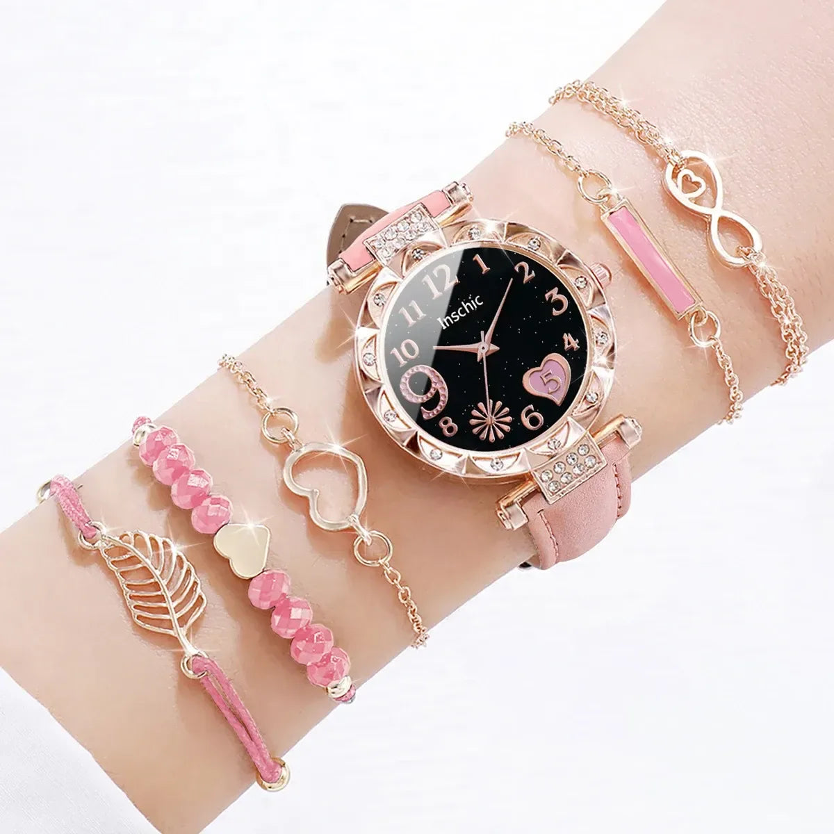 6PCS Heart Dial Women's Watch Set Analog Quartz Watch & Leaf Bracelets - White A
