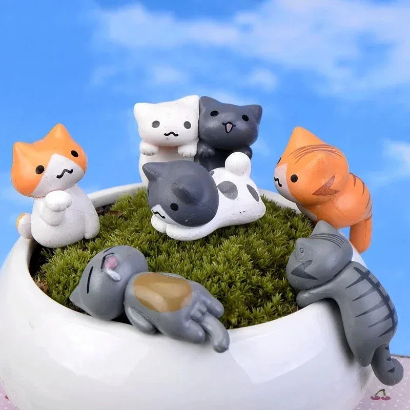 6Pcs Cartoon Lucky Cat Miniatures Resin Micro Landscape Garden Decor - 
