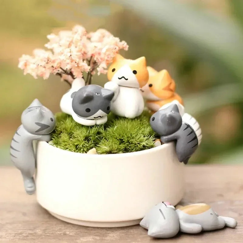 6Pcs Cartoon Lucky Cat Miniatures Resin Micro Landscape Garden Decor - 