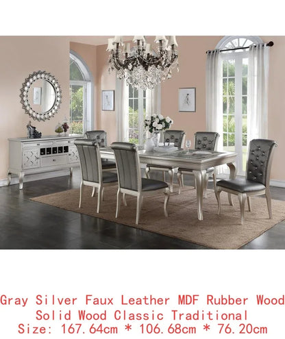 7-Piece Formal Glass Dining Set Silver Hue Table & 6 Tufted Side Chairs - Item Type 4