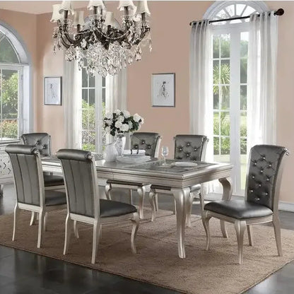 7-Piece Formal Glass Dining Set Silver Hue Table & 6 Tufted Side Chairs - Item Type 4
