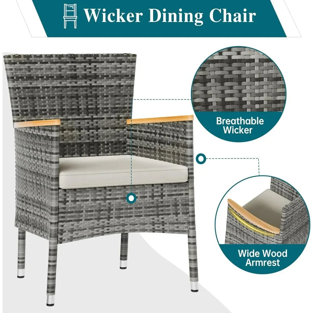 7-Piece Outdoor Wicker Dining Set Wooden Table & 6 Cushioned Chairs - 