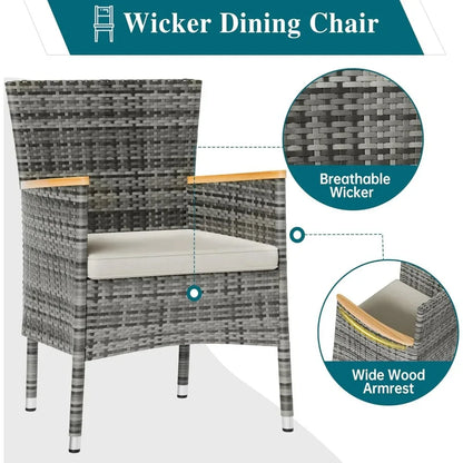 7-Piece Outdoor Wicker Dining Set Wooden Table & 6 Cushioned Chairs - 