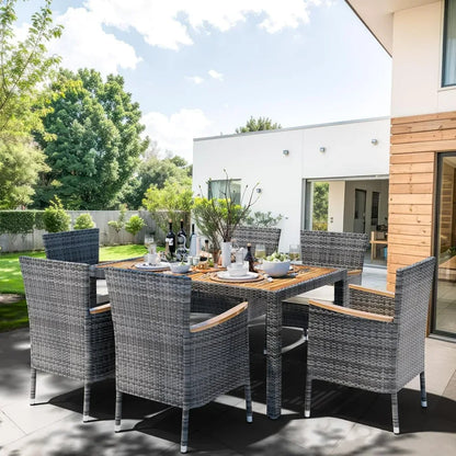 7-Piece Outdoor Wicker Dining Set Wooden Table & 6 Cushioned Chairs - 