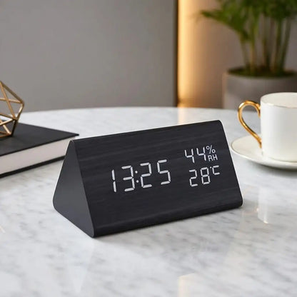 Wooden LED Digital Alarm Clock with Temperature, Humidity & Voice Control