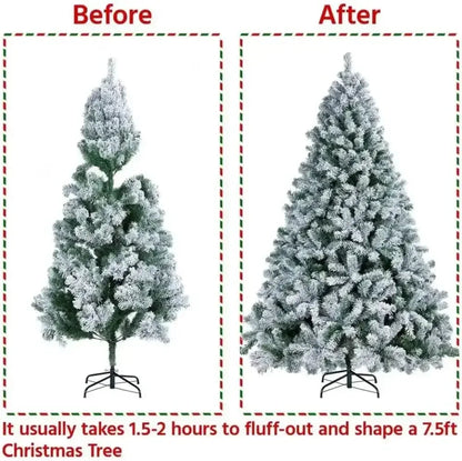 7ft Snow Flocked Artificial Christmas Tree | 1000 Tips, Foldable Metal Stand, 3 - Step Setup - Ninjanew