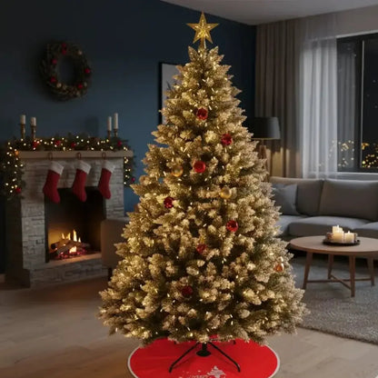 7ft Snow Flocked Artificial Christmas Tree | 1000 Tips, Foldable Metal Stand, 3 - Step Setup - Ninjanew