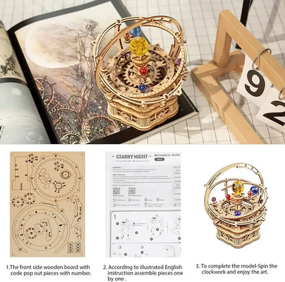 84PCS Rotatable 3D Starry Night Wooden Model Kit DIY Music Box Assembly Toy Gift - AMK51 Starry Night